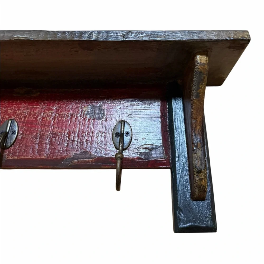 Cottagecore Rustic Distressed Red and Green Wall Shelf with Coat Hooks